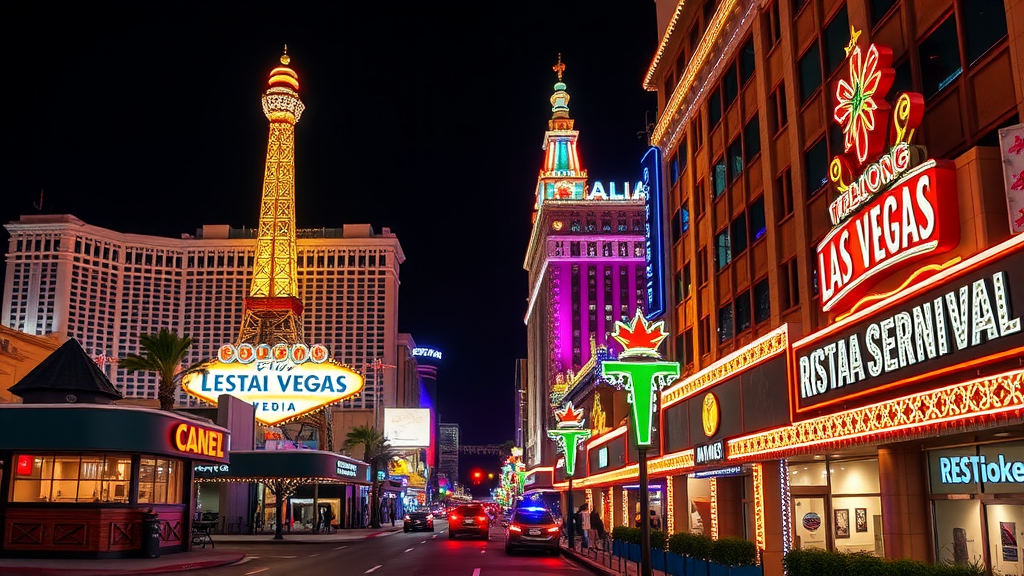 Las Vegas Strip at night with colorful lights and signs