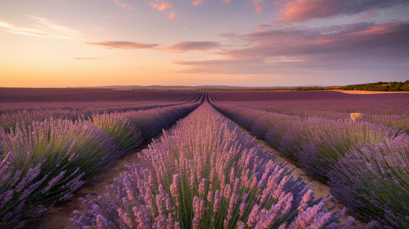 A couple walking through lavender fields in Provence during sunset