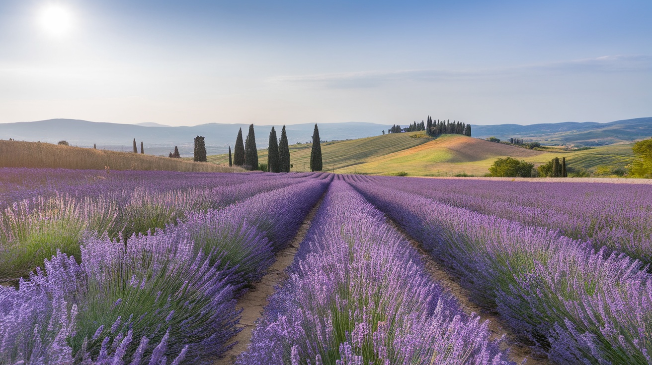 Stunning lavender fields in Tuscany, Italy, with rolling hills and a sunny sky.