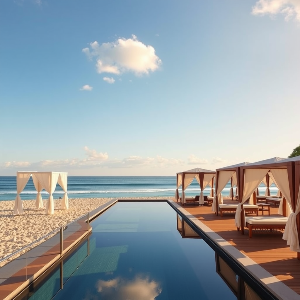 A luxurious beach club with cabanas and a pool overlooking the ocean.