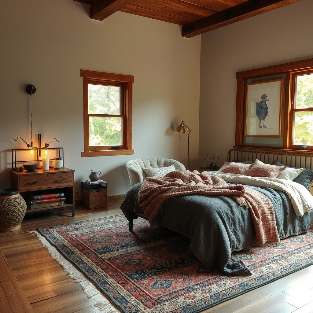 A cozy bedroom scene featuring two layered rugs on a wooden floor, showcasing a warm and inviting atmosphere.