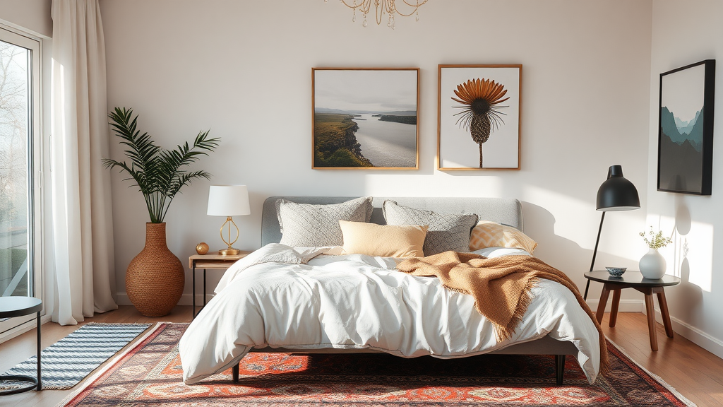 A stylish bedroom featuring layered textures with a cozy bed, pillows, and a patterned rug.