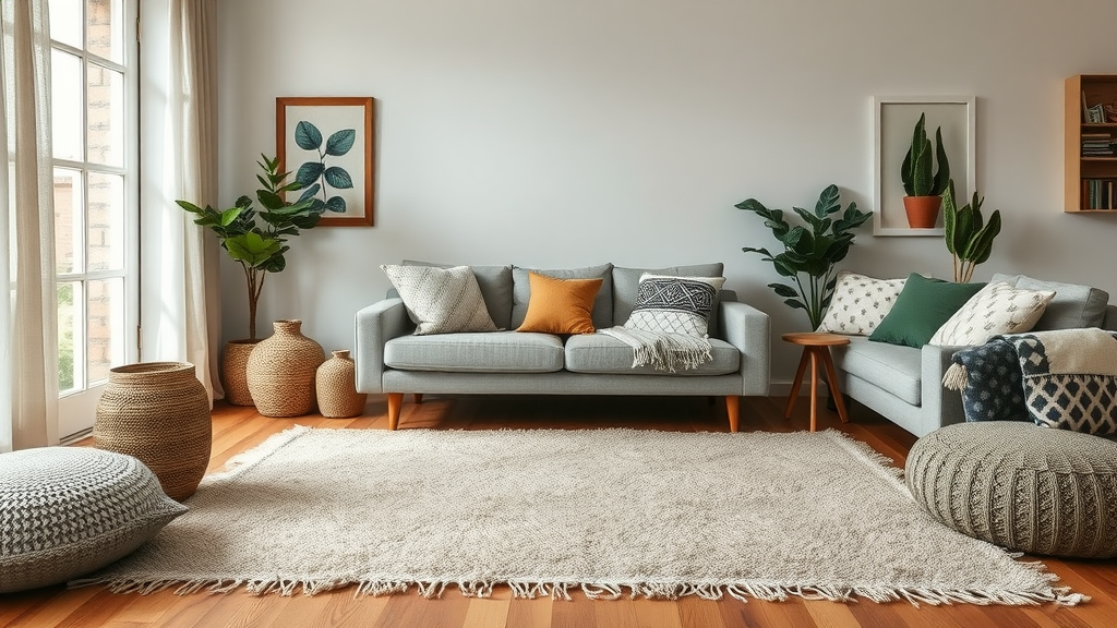 A stylish living room with layered textures, featuring a large rug, cushions of various patterns, and greenery.