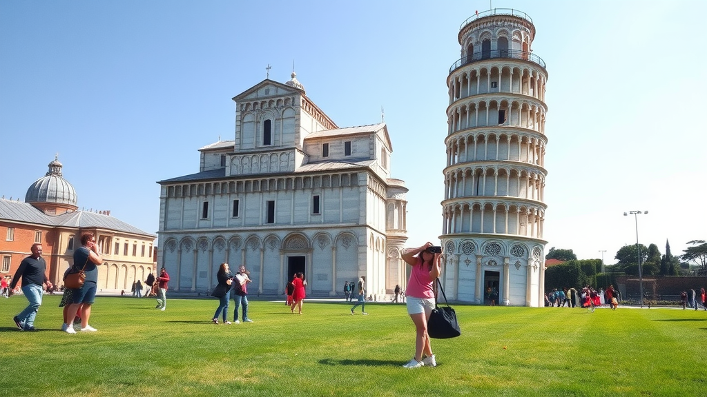 Leaning Tower of Pisa with tourists and green grass.