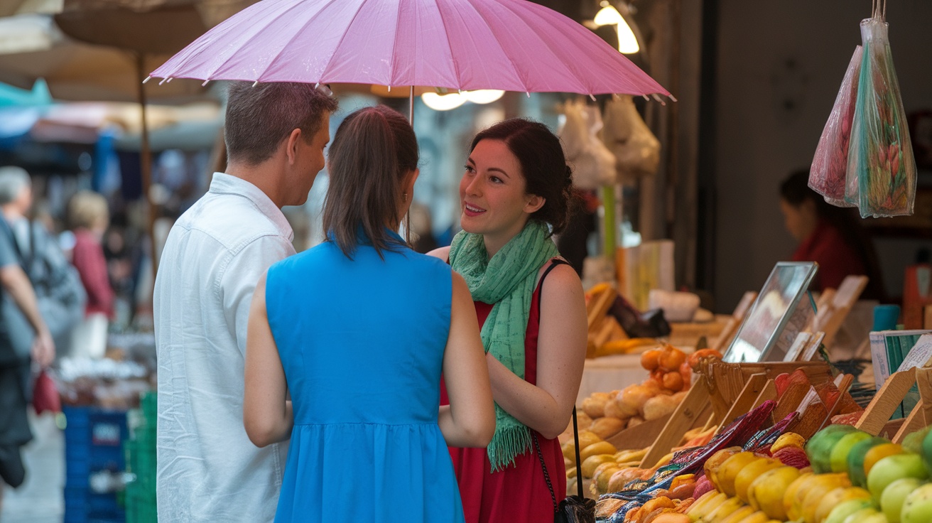 Three people chatting under a teal umbrella in a vibrant market street.