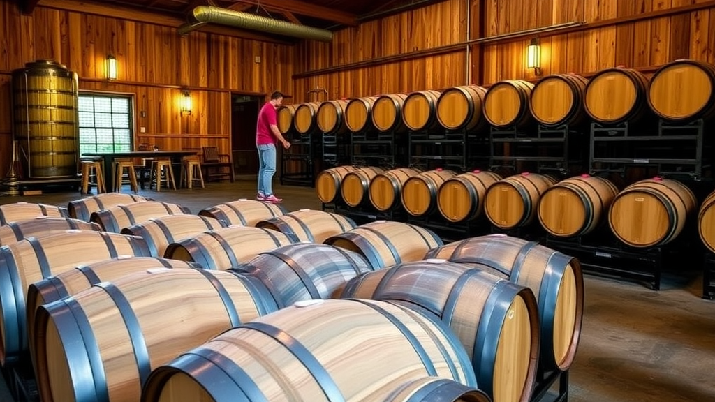 Image showing a rum distillery with barrels lined up, representing the production of rum.