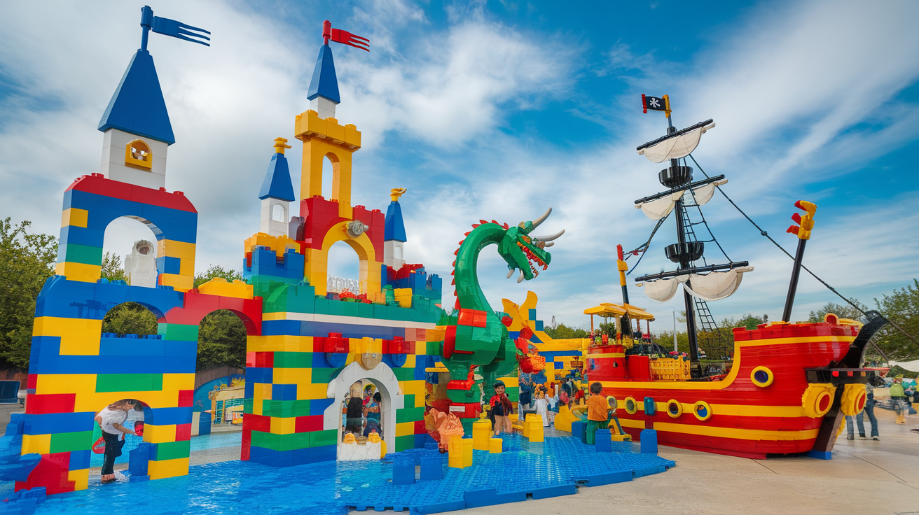 Children playing with large colorful Lego blocks in a play area at Legoland California.