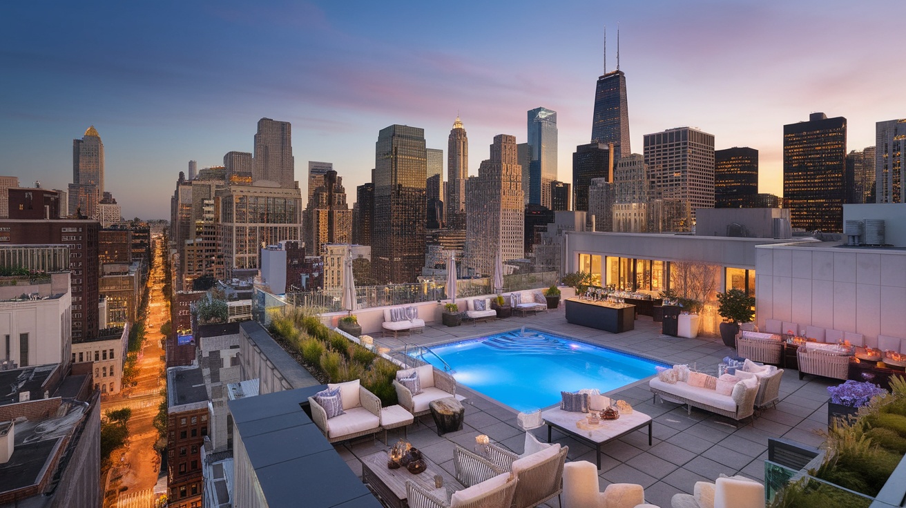 Rooftop party with city skyline in the background