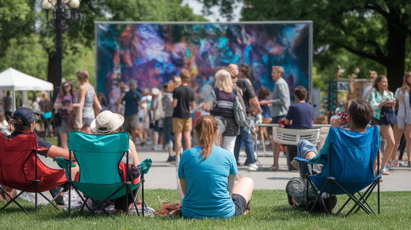 A musician performing in a park with a colorful mural in the background and a crowd enjoying the event.