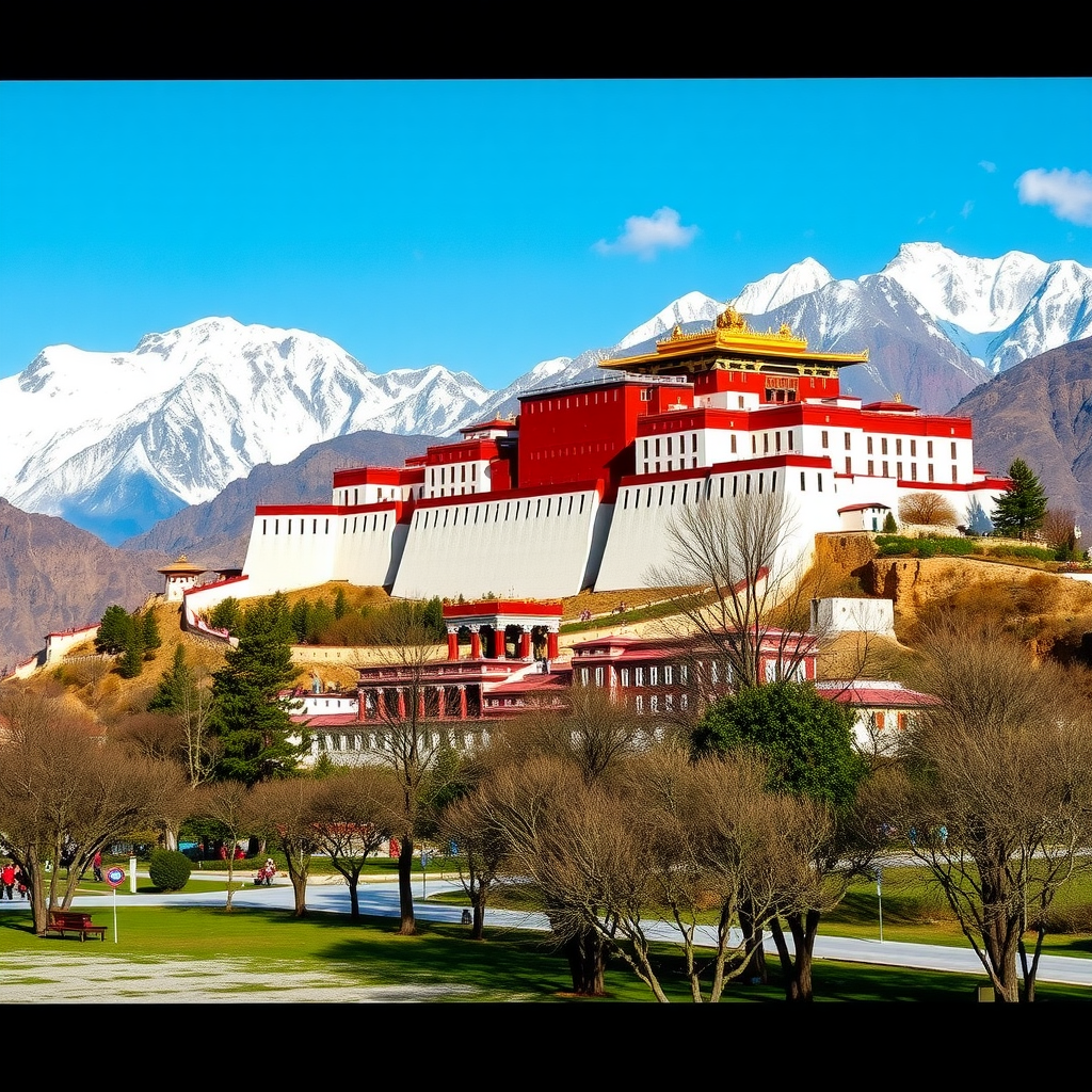 Potala Palace in Lhasa, Tibet, surrounded by mountains and trees.