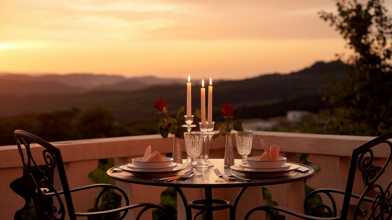 A romantic dinner setting with candles and roses at sunset.