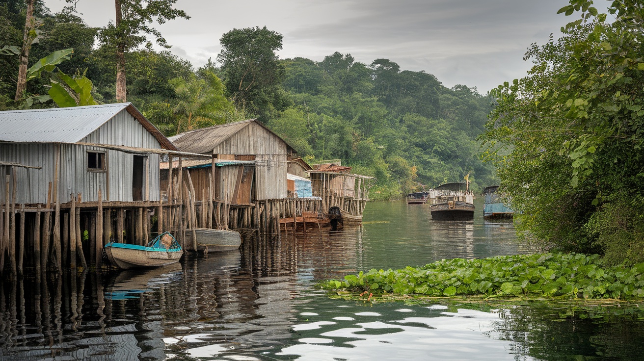 Floating village on the Amazon River with wooden houses and boats.