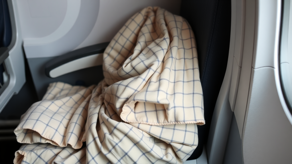 A lightweight travel blanket draped over a seat in an airplane.