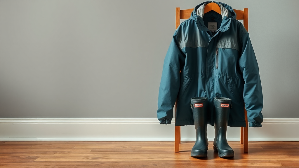 A lightweight waterproof jacket hanging on a chair next to black rubber boots.