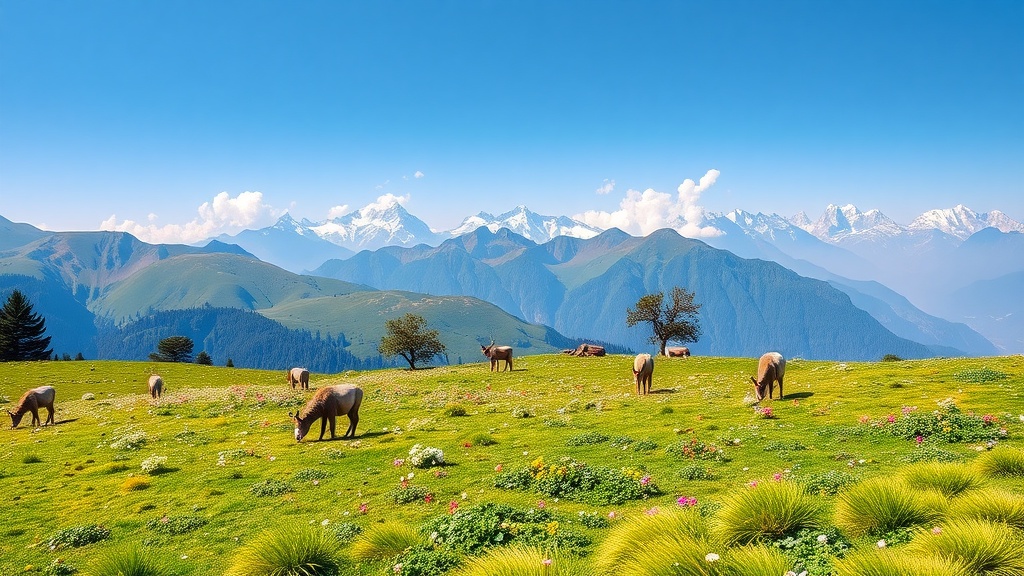 A scenic view of Lijiang Alpine Meadow with grazing animals and mountains in the background.