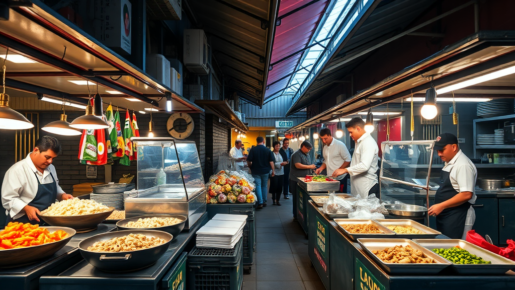 A vibrant street food market in Lima with various food stalls and chefs preparing dishes.