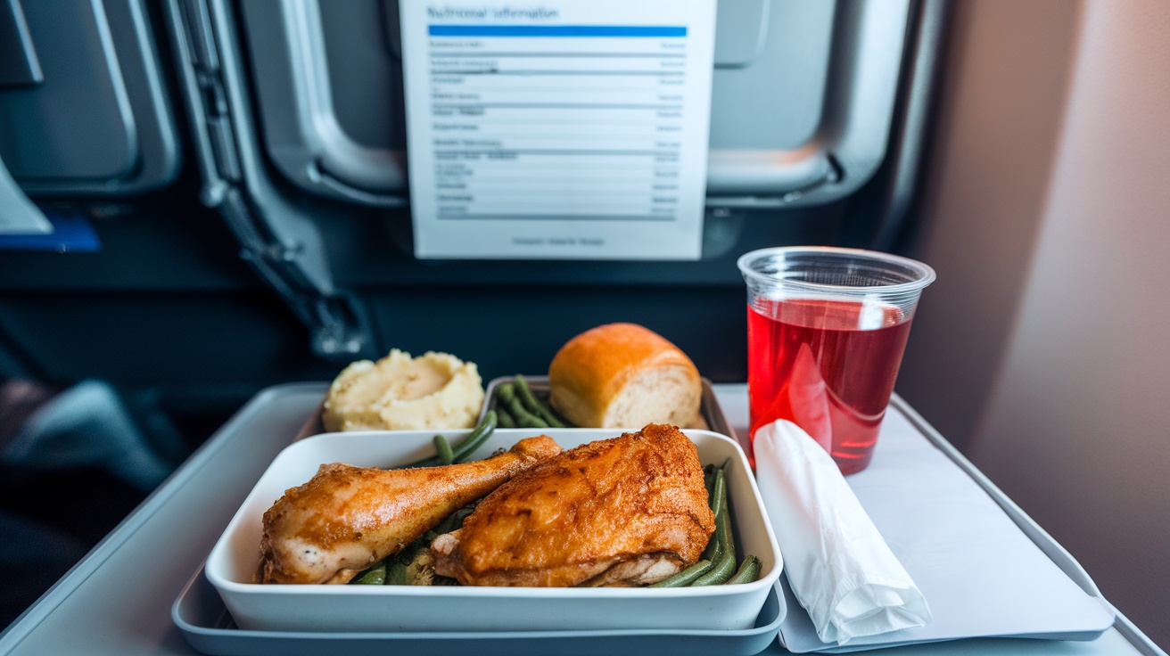 A tray of airplane food featuring chicken, mashed potatoes, green beans, a roll, and a cup of red drink.