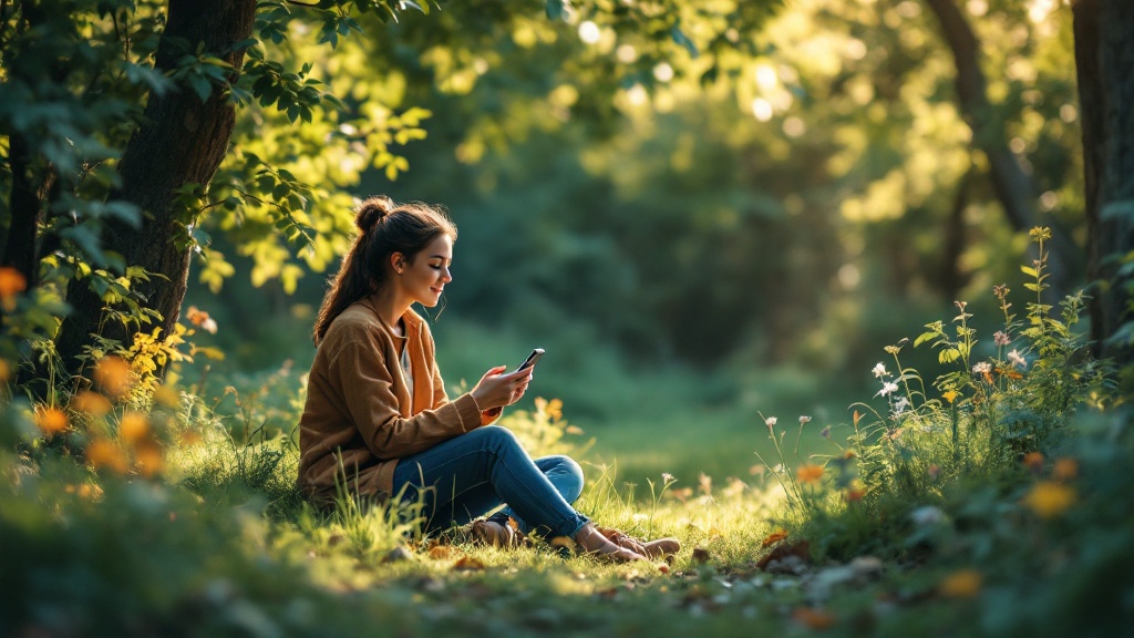 A young woman sitting peacefully in a forest, looking at her phone, surrounded by greenery and flowers.