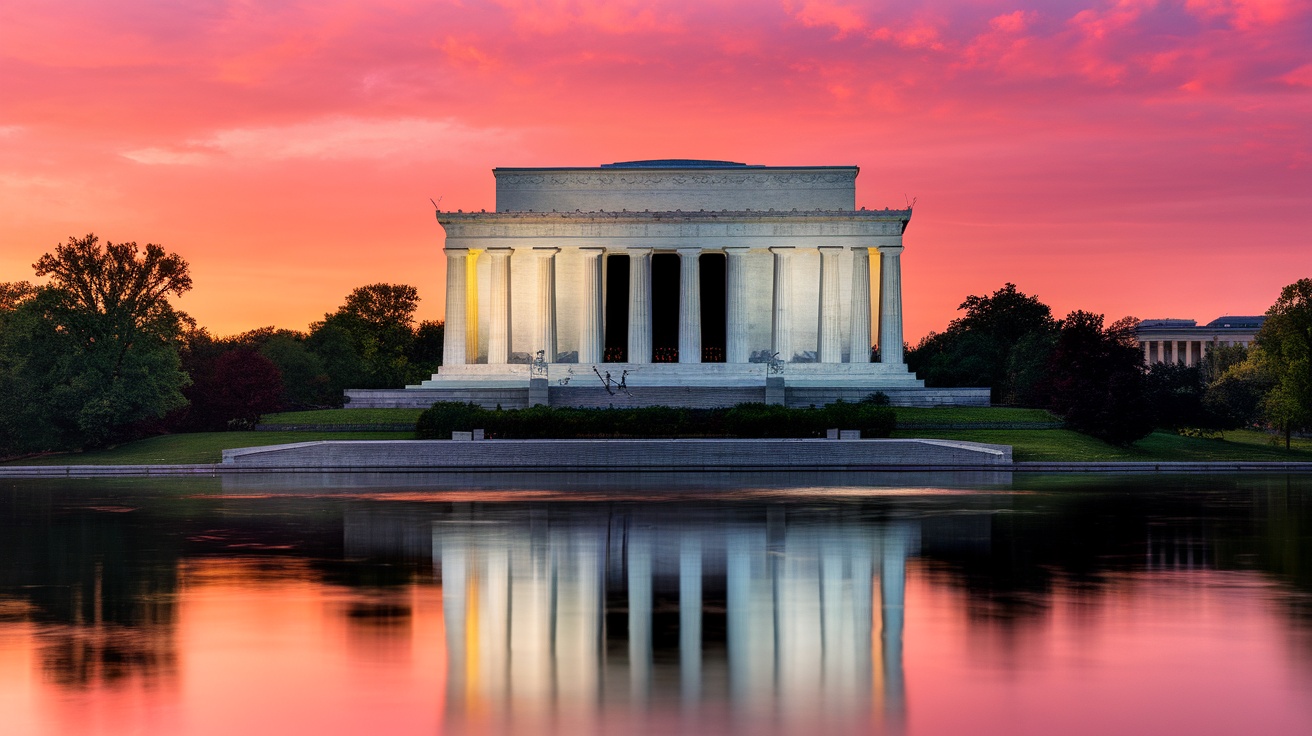 Lincoln Memorial at sunset with colorful sky and reflection in water.