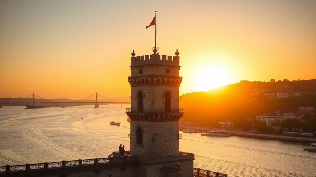 Scenic view of the Belém Tower at sunset in Lisbon.