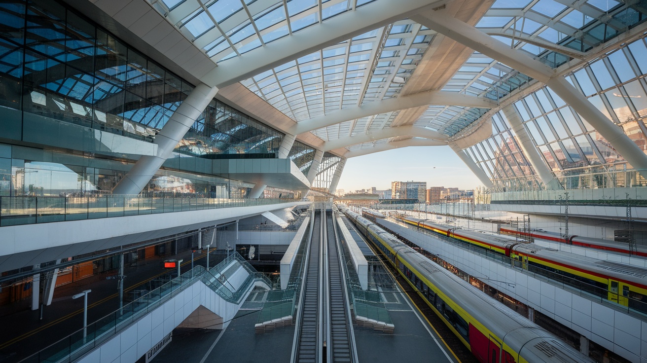 Interior view of Lisbon Oriente Station showcasing its modern architecture and train platforms.