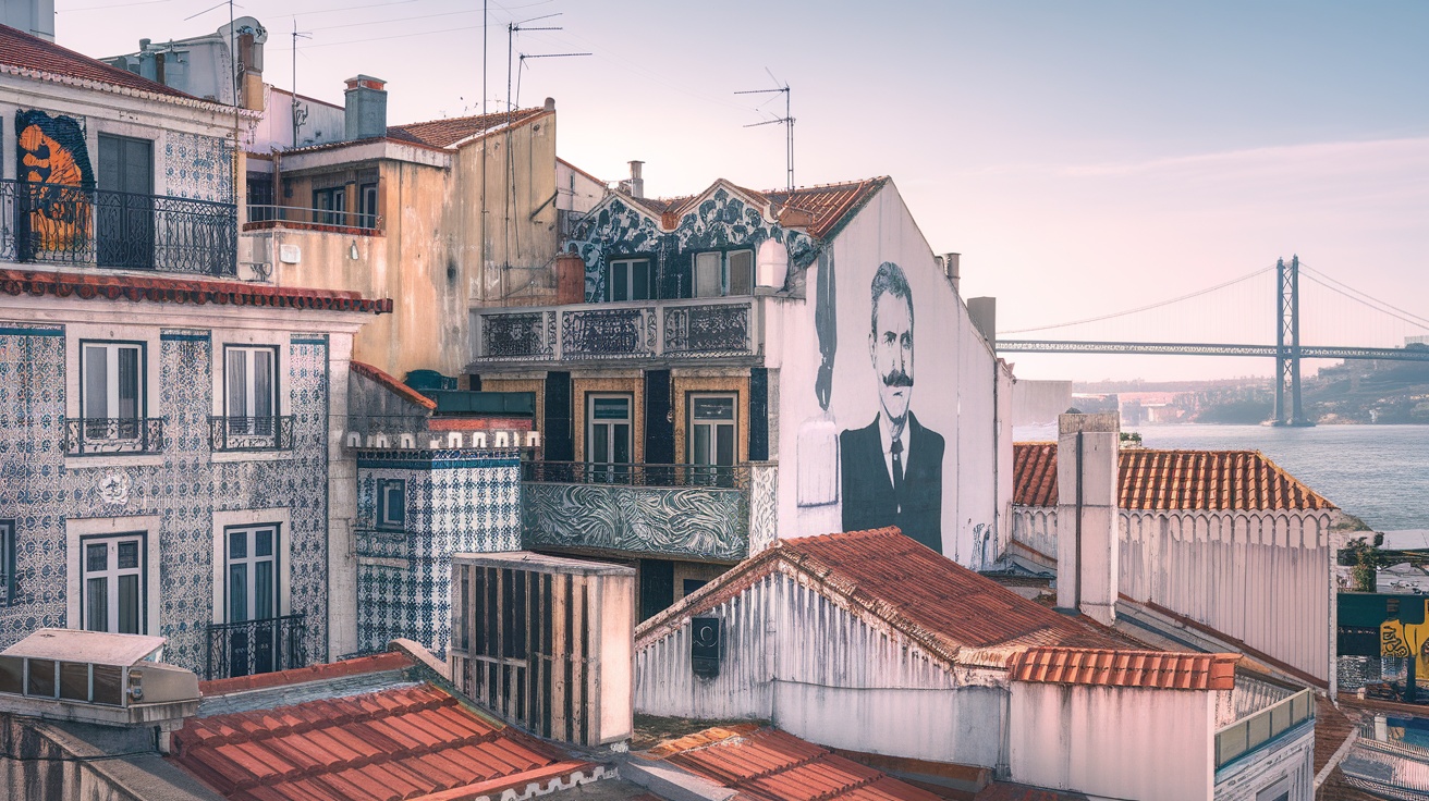 A view of Lisbon's vibrant streets with murals and traditional architecture.