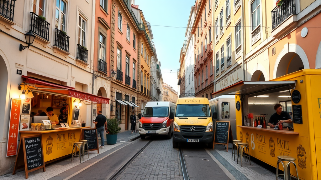 Street food scene in Lisbon with food stalls and colorful buildings.