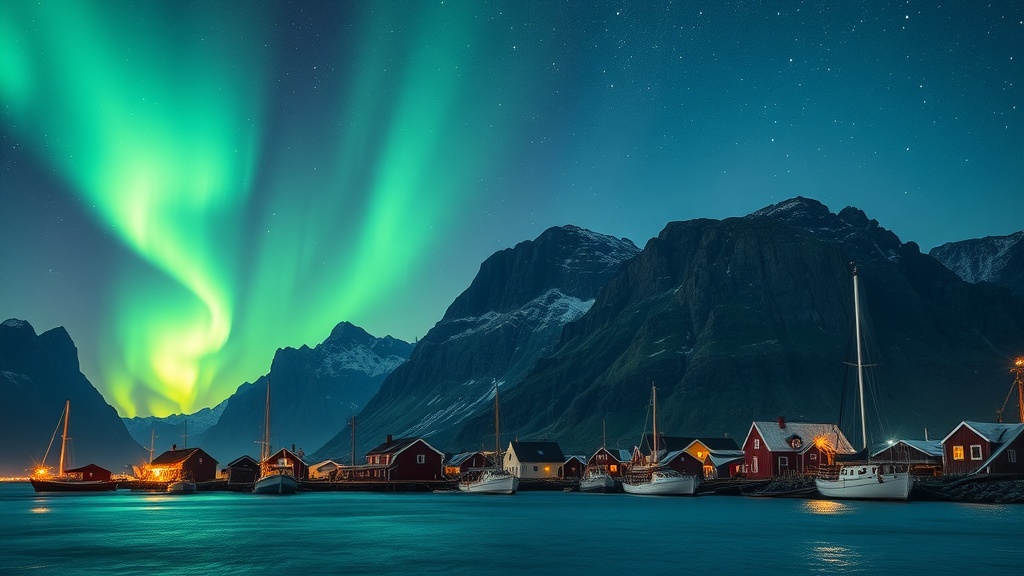 Northern Lights over the Lofoten Islands, Norway, featuring colorful houses and mountains.