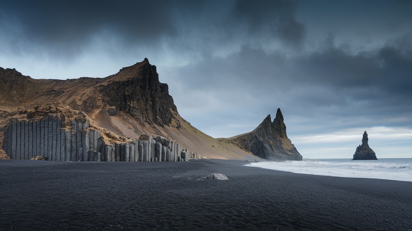 A scenic view of Lone Beach in Iceland, featuring black sand, rugged cliffs, and dramatic rock formations.