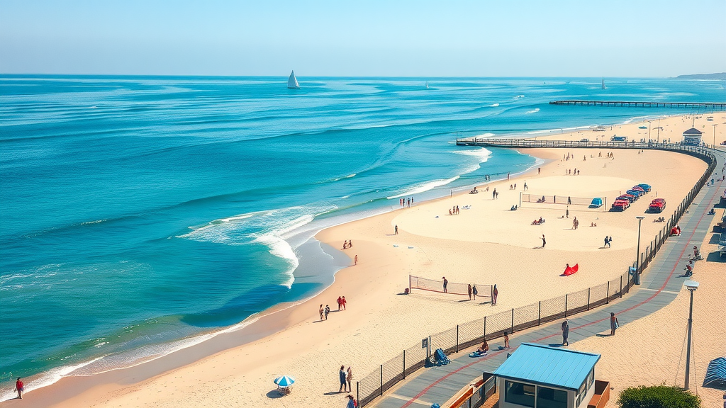 A sunny beach in Long Beach, California with people enjoying various activities.