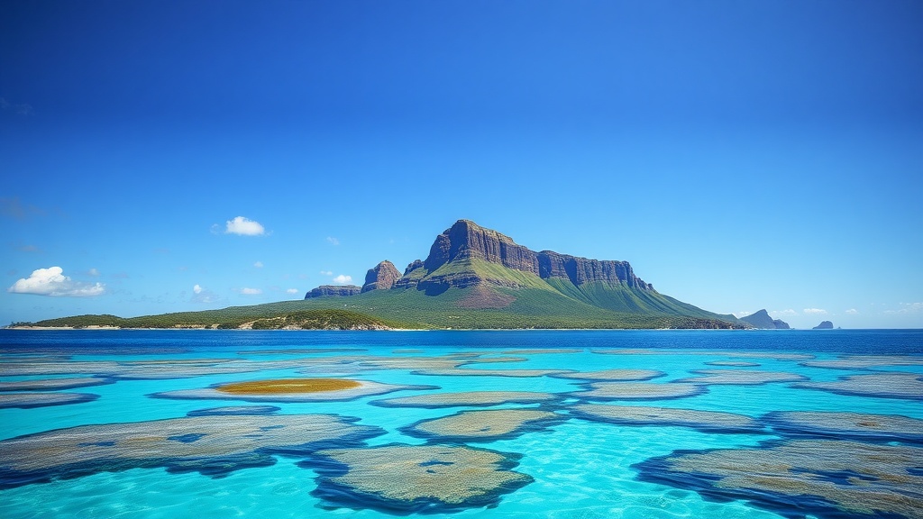 A beautiful view of Lord Howe Island featuring clear blue waters and a mountainous backdrop.