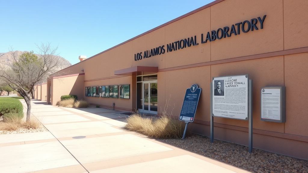 Exterior view of Los Alamos National Laboratory with surrounding landscape.