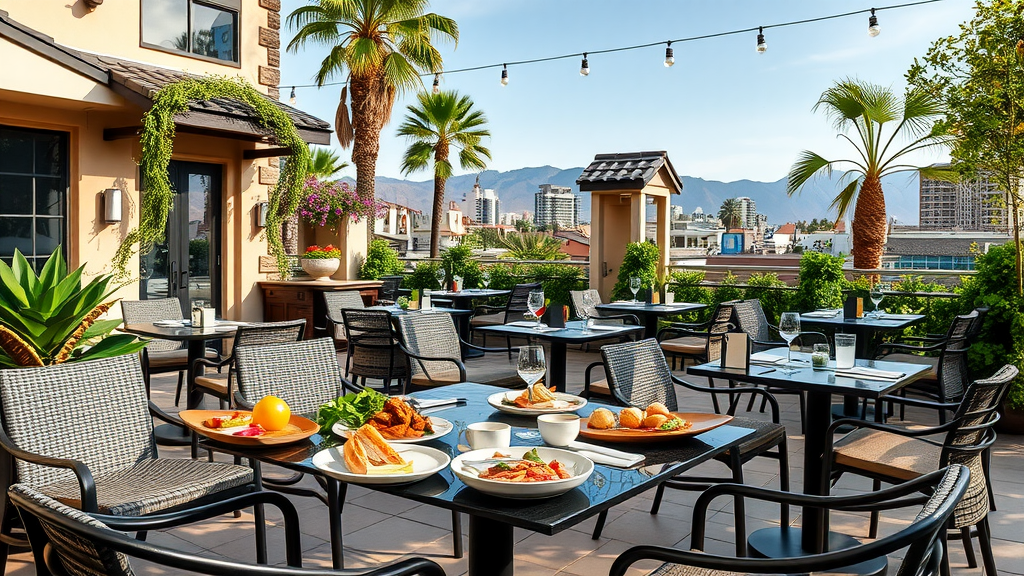 Outdoor dining area in Los Angeles with tables set for fine dining, surrounded by palm trees and city skyline.