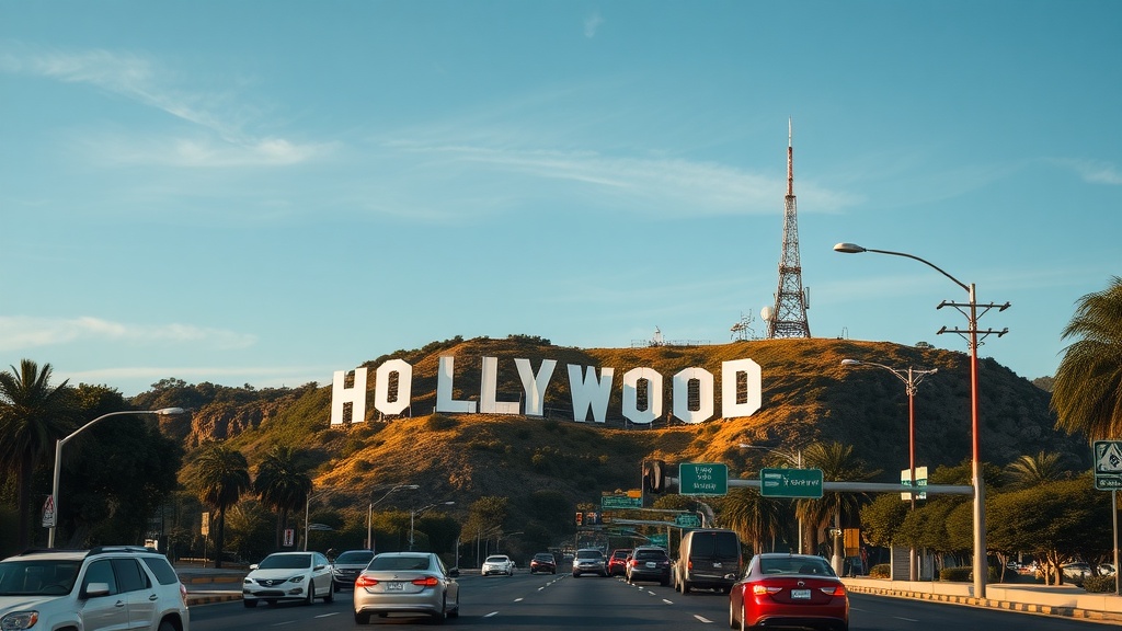 Hollywood sign with cars on the road below