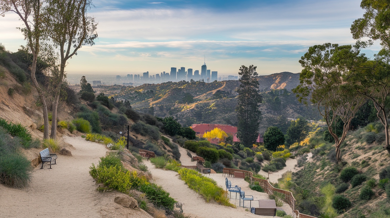 Scenic view of Los Angeles with hiking trails and city skyline.