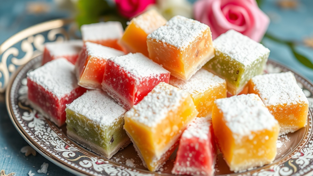 A platter of colorful Loukoum sweets dusted with powdered sugar.