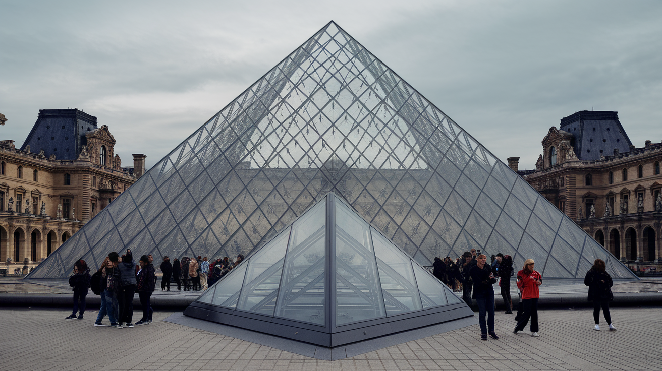 The glass pyramid entrance of the Louvre Museum with visitors around it.