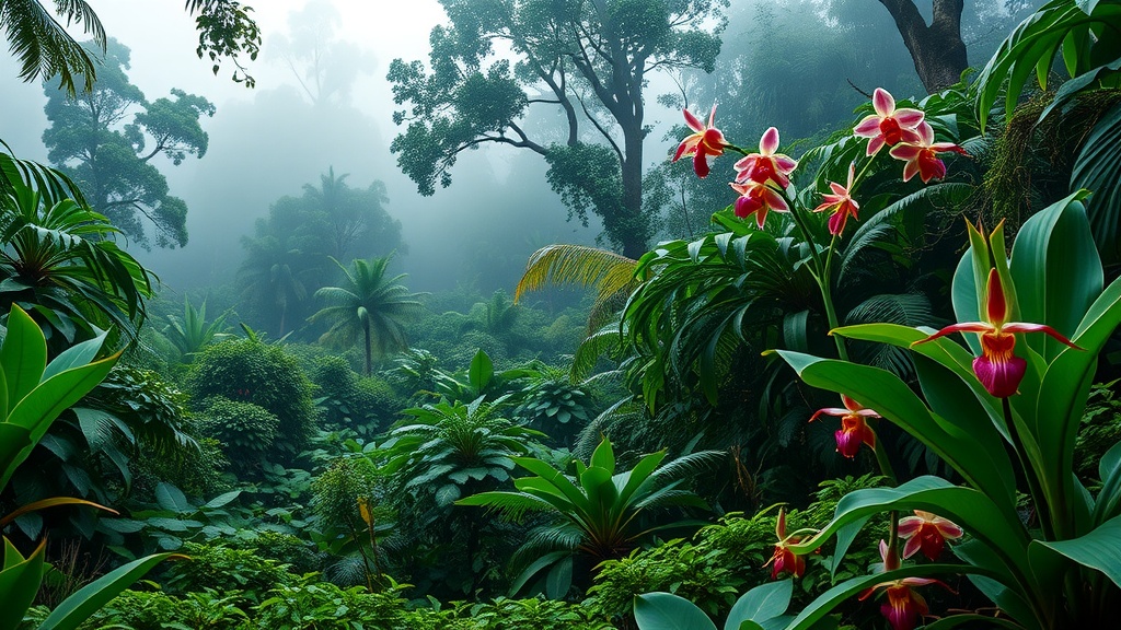 A view of a misty Amazonian cloud forest with lush greenery and colorful flowers.