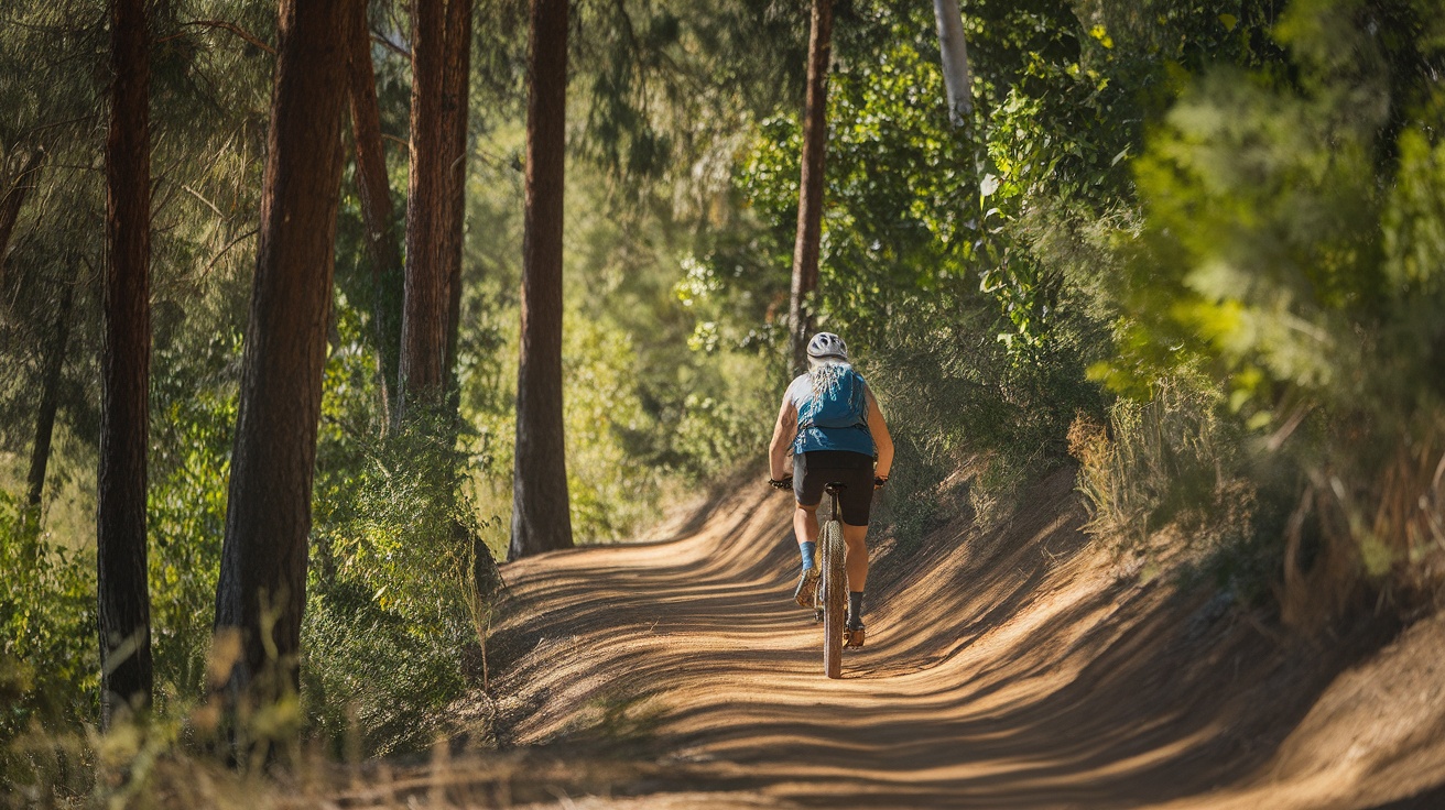 A cyclist riding on a forest trail surrounded by tall trees