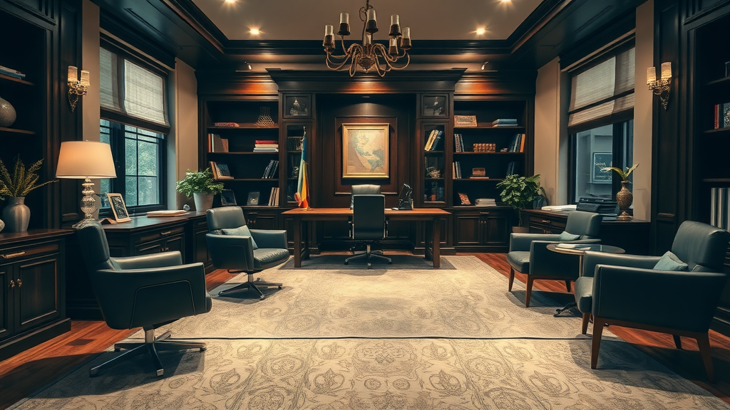 A luxurious home office featuring dark wood furniture, leather chairs, and warm lighting.