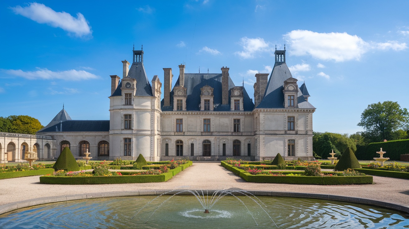 A majestic French chateau surrounded by manicured gardens and a fountain.