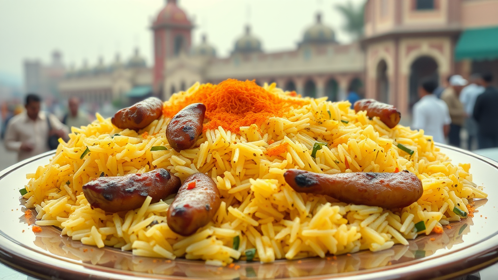 A luxurious Persian rice dish garnished with spices and grilled meat.