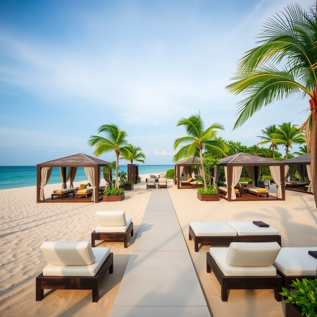 Luxurious beach club with cabanas and lounge chairs on a sandy beach