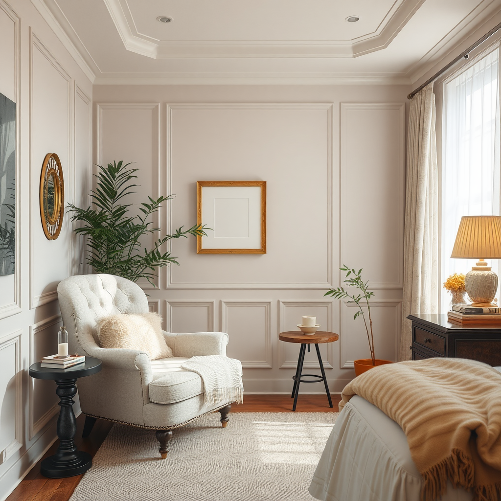 A cozy seating area in a bedroom featuring a plush armchair, a small side table, a lamp, and decorative plants.