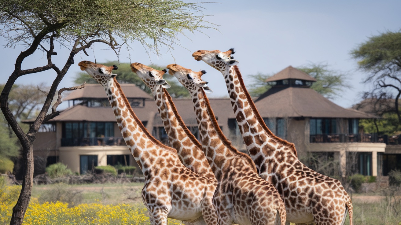 Luxury safari lodge with elephants and giraffes in the foreground.