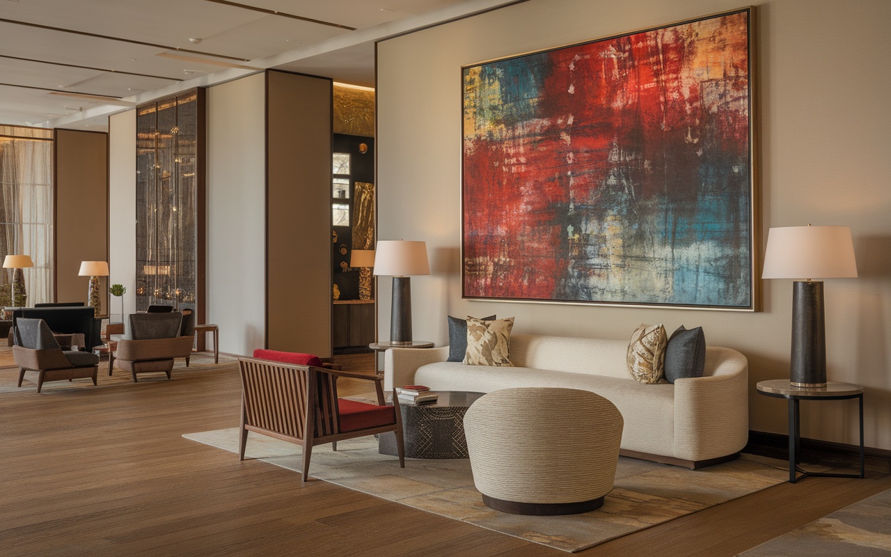 Stylish lobby of Nomo Soho with colorful abstract art and modern furniture.