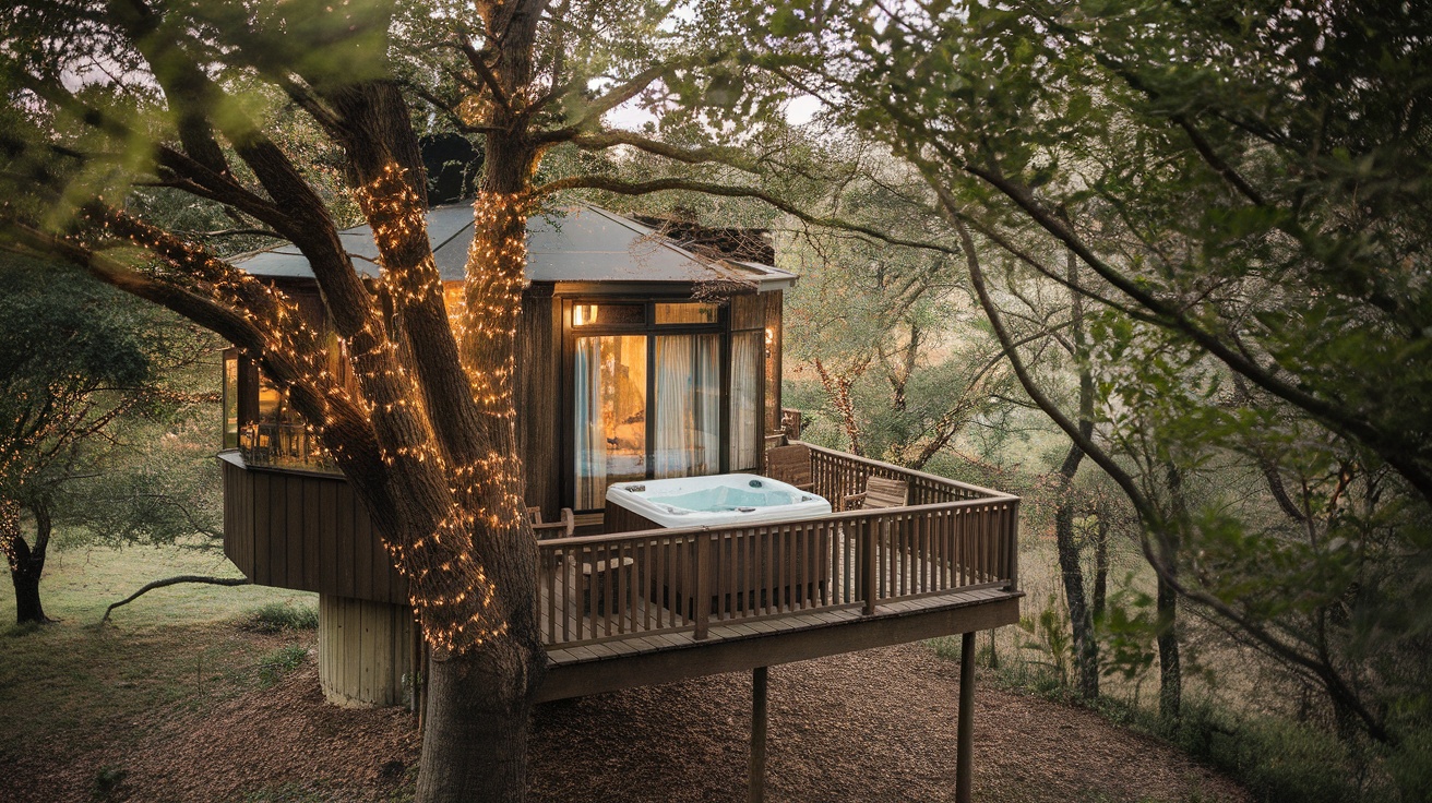 A luxurious treehouse with a hot tub on the deck, nestled among trees with warm lights.