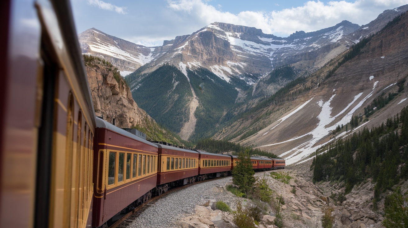 A luxurious train traveling through the Rocky Mountains, surrounded by snow-capped peaks and green forests.