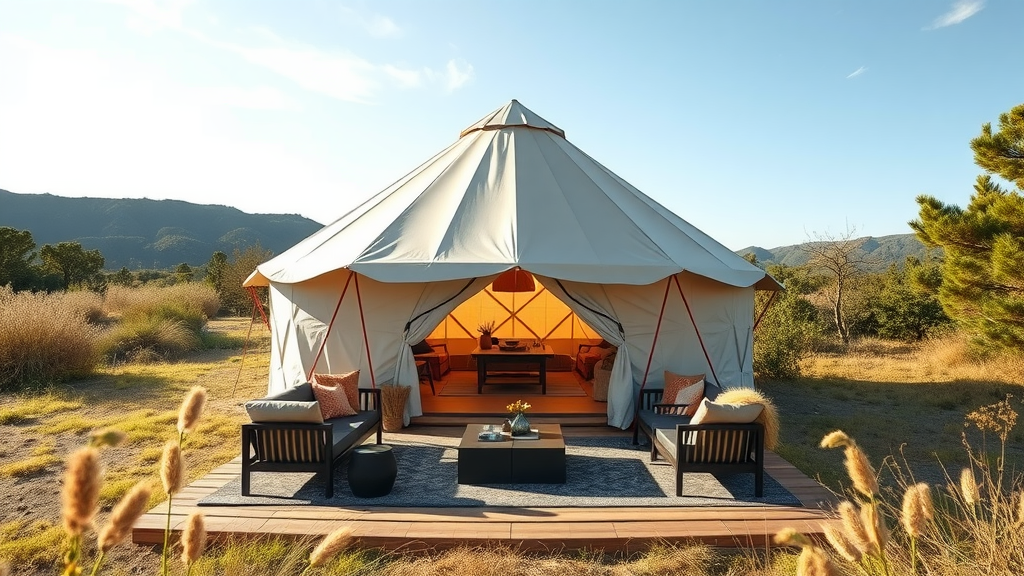 A beautiful luxury yurt with a cozy outdoor seating area, surrounded by nature and mountains.