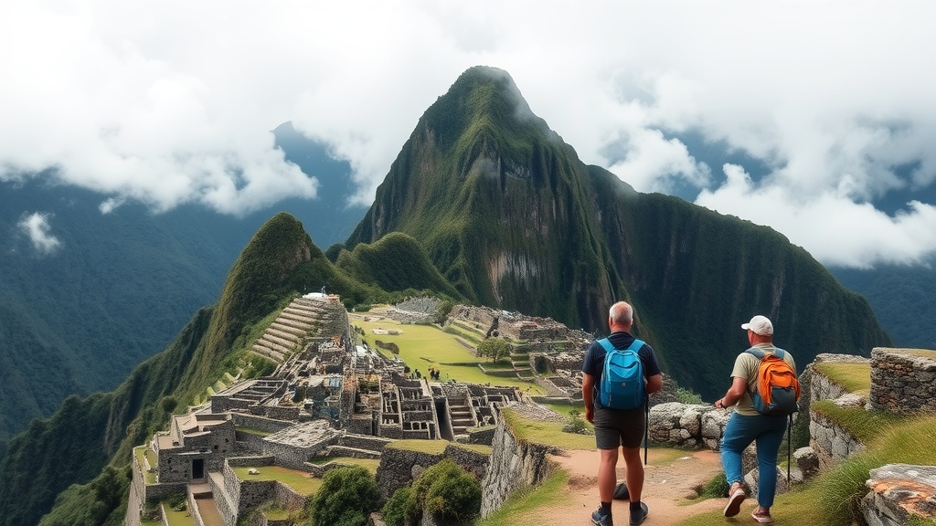 Two hikers looking at the ruins of Machu Picchu with mountains in the background.